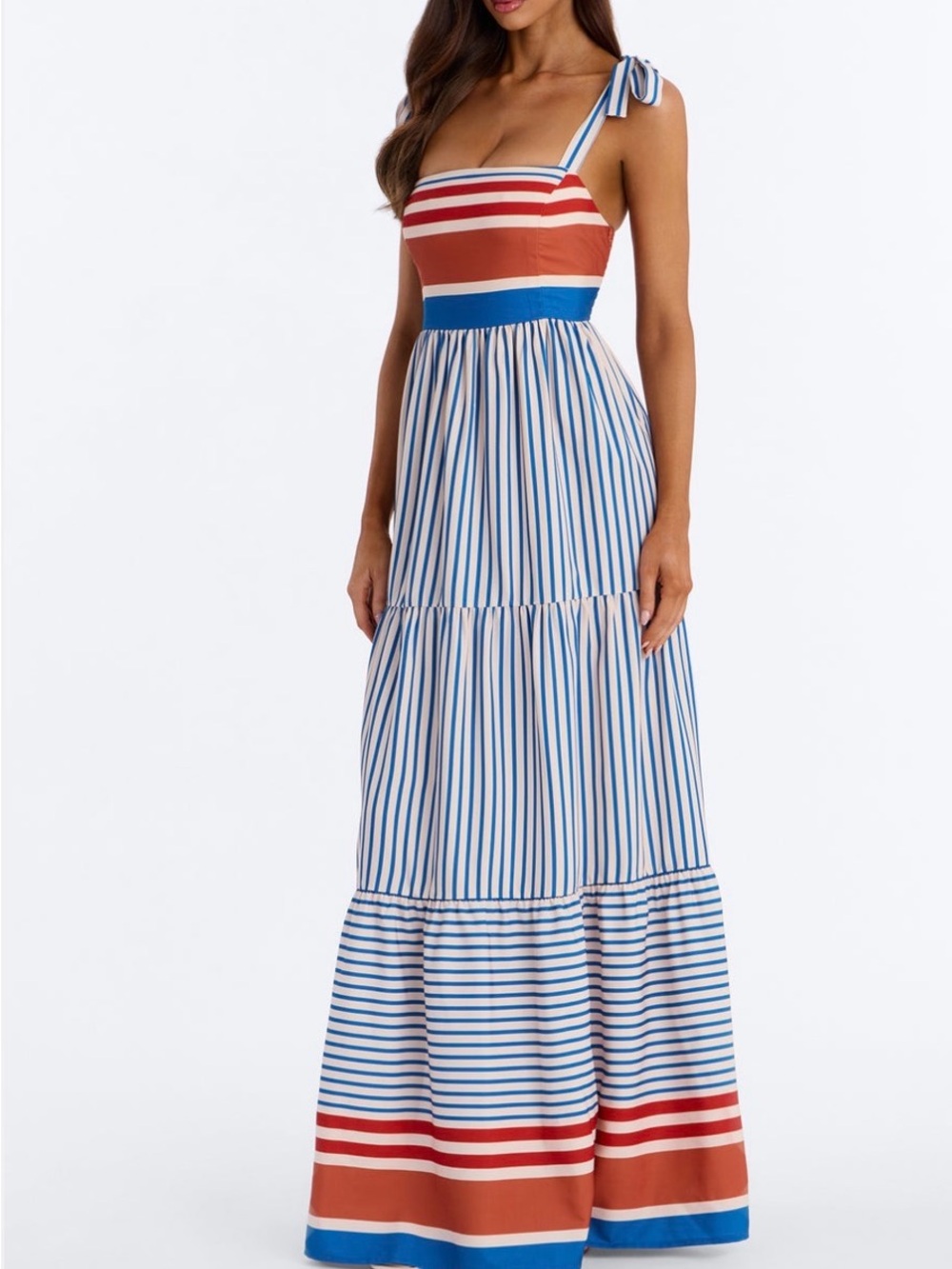 Fashion Nova Blue, White & Rust Striped Tie-Shoulder Maxi Dress